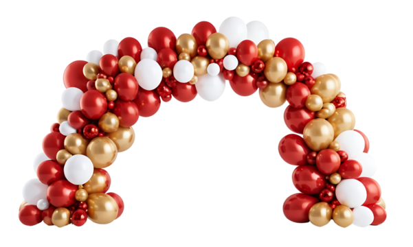 A festive balloon arch with red, gold, and white balloons, perfect for weddings, parties, holidays, or any celebration. Transparent PNG for easy integration into designs.