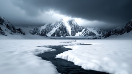 Obraz premium A dramatic mountain landscape with jagged peaks, a glacier-fed river, and a stormy sky, high-resolution photo, realistic photo, cinematography, hyper realistic