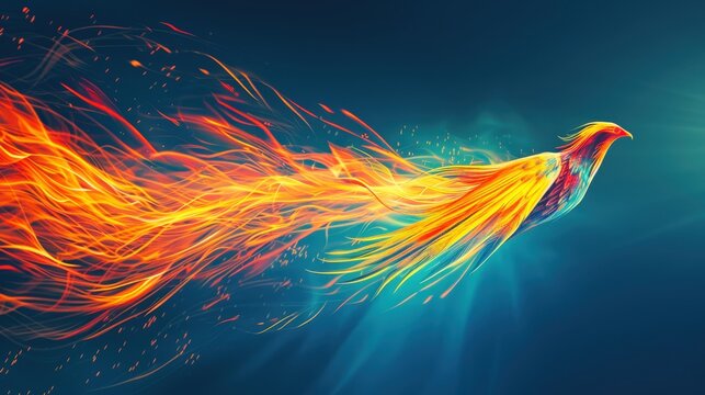 Phoenix Rising: A blaze of abstract art as a majestic phoenix, engulfed in vibrant flames, soars across a celestial canvas, symbolizing rebirth, renewal, and the indomitable spirit. 