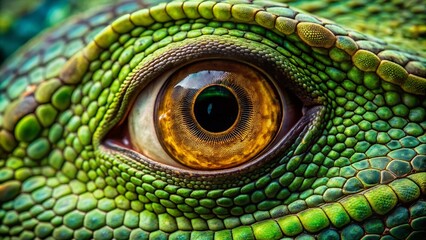 Vibrant green scaly reptile eye with vertical pupil stares intensely, sharp focus shows intricate details of iris, eyelids, and surrounding skin texture.