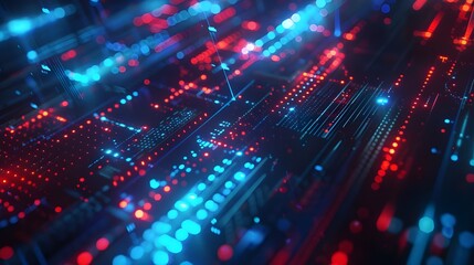 Fototapeta premium Abstract Glowing Blue and Red Lights Digital Background Representing Data Transfer or Technology in Dark Space, Futuristic Design Concept for Big Computer Systems