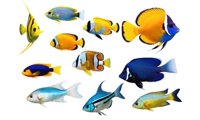  A vibrant collection of colorful tropical fish, including angelfish, butterflyfish, and tangs, swimming against a transparent PNG background. Ideal for aquariums, marine life education,