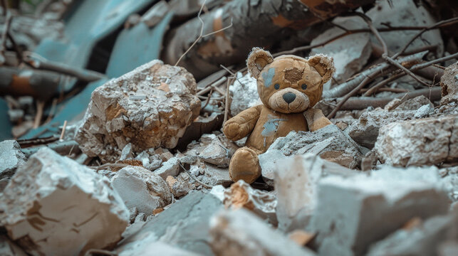 Un giocattolo rotto e sporco tra le macerie, simbolo dell'infanzia perduta
