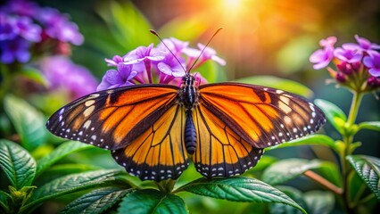 Fototapeta premium Delicate orange butterfly with black veins perches on vibrant purple petals of a blooming flower, surrounded by lush green leaves and soft natural light.