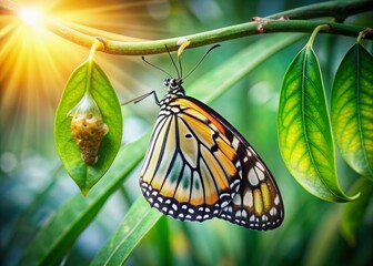 Delicate wings unfolding from silk cocoon, young butterfly emerges, its freshly formed beauty posed on vibrant leafy greens, symbolizing hope and transformation.