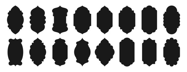 Old traditional islamic window shape set in oriental style. Black silhouette eid mubarak decorative frames, mosque borders, ramadan gates or arches. Arabic muslim bagdes, architecture design elements.