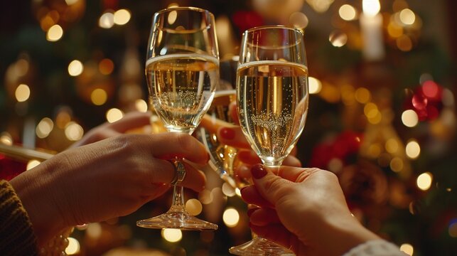 Slowmotion Cheers, Glasses clinking together slowly, capturing the celebration and togetherness of holiday gatherings