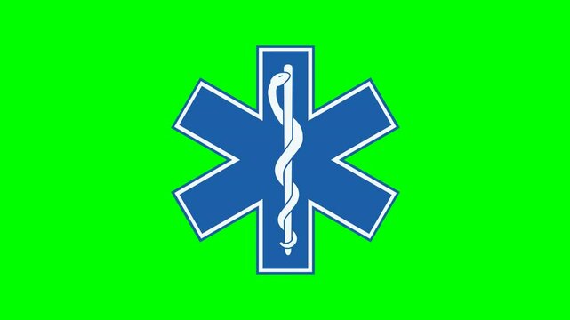 Appearance and disappearance from the rear of Symbol of the cross with the caduceus of an ambulance on a green screen with alpha channel (flat design)