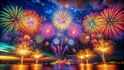 Vibrant bursts of light erupt in the dark sky, illuminating a celebratory atmosphere, as dazzling fireworks explode in a kaleidoscope of colors, marking a fresh beginning.