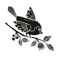 Spring bird sits on a branch with flowers and berries in linocut style