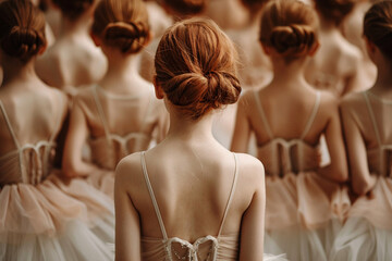 Generative AI picture of beautiful children preparing ballet dance school performance in stage ballroom gown