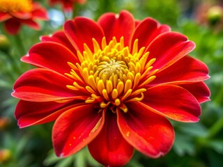 Vibrant red petals of a blooming flower unfold to reveal bright yellow stamens, capturing the intricate beauty of nature's colorful masterpiece in sharp detail.