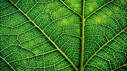 Obraz premium Vibrant green leaf texture with intricate veins and cells in sharp focus, showcasing nature's intricate architecture in a stunning macro photography background.