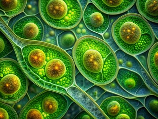 Vibrant green chloroplasts within plant cells showcase intricate membranous structures, highlighting the crucial role of chlorophyll in absorbing light energy for photosynthesis to occur.