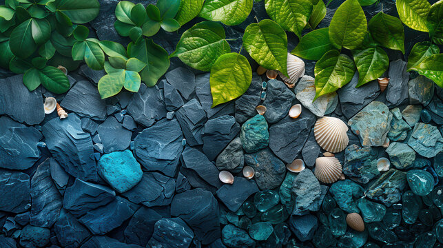 Fresh green leaves and natural shells on blue slate stones background