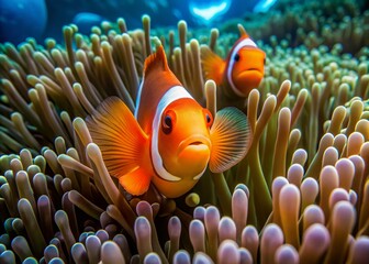 Vibrant orange tentacles of sea anemones sway gently, revealing a curious clownfish peeking out, amidst a serene and colorful underwater landscape.
