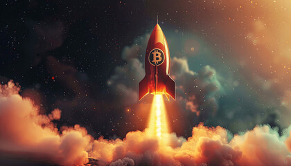 Un razzo in decollo con il logo Bitcoin, a simboleggiare una crescita esplosiva