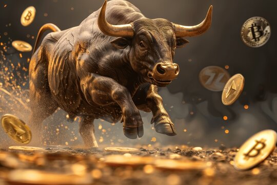 Un toro in corsa con simboli di criptovaluta che rappresentano un mercato rialzista