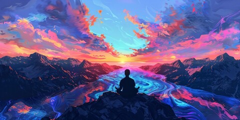 Fototapeta premium A person meditating on a mountain