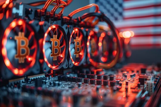 Bitcoin mining rig with the American flag in the background
