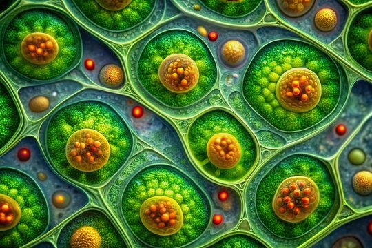 Vibrant green chloroplasts inside plant cells, showcasing intricate membrane structures, starch grains, and pigment-filled thylakoids, where light energy is converted into organic compounds.