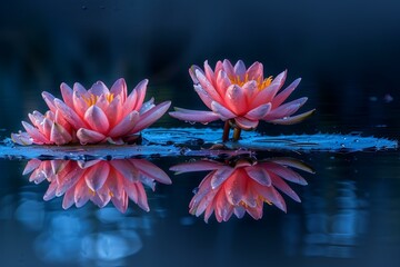 Pink Lotus Flowers in Serene Lake Reflection