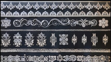 Multiple elegant borders with intricate lace, filigree, and ornamental designs showcased on one sheet