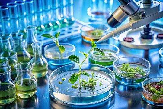 Microscopic view of a Petri dish containing genetically modified plant cells, with pipettes and laboratory equipment surrounding it, showcasing scientific research and biotechnology.