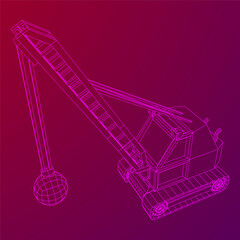 Wrecking ball excavator, demolition crane machine. Wireframe low poly mesh vector illustration
