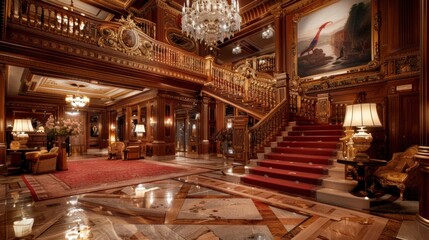 Hotel lobby with Chinese decorations, wooden furniture, chandeliers, marble floors, and stairs