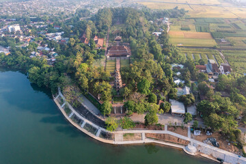Fototapeta premium Thien Mu pagoda from above in Hue, Vietnam. Beautiful place and attract many tourists.