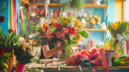 Obraz premium florist arranging a bouquet of fresh flowers in a bright, colorful shop