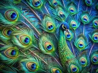 Vibrant peacock feathers unfurl in a stunning display of blue and green hues, intricate patterns, and iridescent sheen, set against a clean, minimalist background with ample copy space.