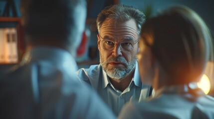 Fototapeta premium Close-up of bank manager explaining the situation to worried customers, office setting, Portrait close-up, hyper-realistic, high detail, photorealistic, studio lighting, Key Light, Fill Light, Back