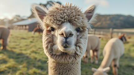 Obraz premium A group of gentle alpacas showcasing their soft wool in a fenced countryside field