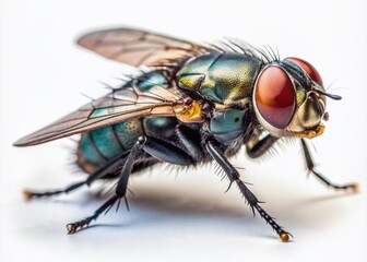 Fototapeta premium Macro shot of a common housefly perched on a clean white background, its shiny black body and delicate wings visible in high detail.