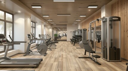 Gym with modern exercise equipment, promoting health and fitness, spacious and clean interior.