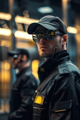 Close-up of security guards patrolling the bank's premises after a cyberattack, ensuring safety and order, Portrait close-up, hyper-realistic, high detail, photorealistic, studio lighting, Key Light,