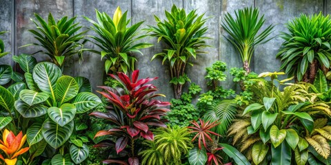 Obraz premium Lush Green Tropical Plants on a Concrete Wall