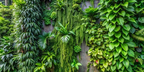 Lush Green Vertical Garden Wall with Tropical Plants and Foliage - Natural Texture, Nature Background, Eco-Friendly Design, Green Wall, Vertical Gardening