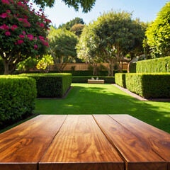 Sitting on a wooden table looking out over a lush green lawn and a beautiful English garden with a wooden tabletop in the foreground and large trees in the background.Generative AI.