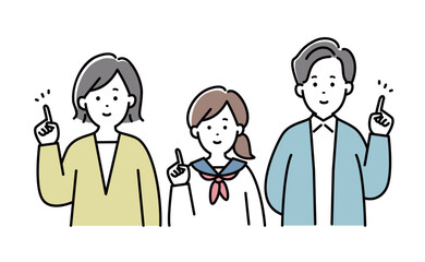 家族イラスト　表情　3人家族　学生　日本人　指差し