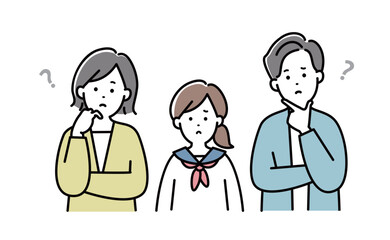 家族イラスト　表情　3人家族　学生　日本人　悩む