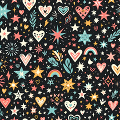 Seamless pattern of tiny stars and hearts in striking colors with black background