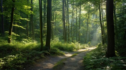Fototapeta premium scenic hiking trail through a dense forest, with sunlight filtering through the trees and a clear path
