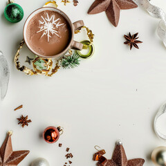 Mug of hot chocolate surrounded by christmas ornaments, with copy space. Seasonal drinks concept.