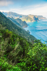 Views from Cabo de Larano viewpoint and Vereda do Larano coastal hiking trail. Cliffs atlantic ocean and tropical mountains vegetation. Madeira island in Portugal