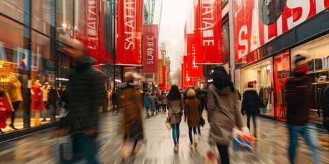 Fototapeta premium During seasonal sales, the city street is bustling with shoppers. Red sale banners enhance the vibrant commercial atmosphere, reflecting consumerism and activity in the urban setting