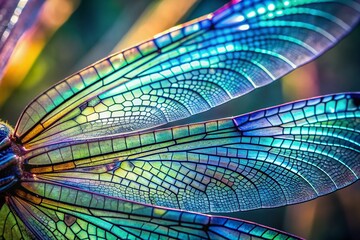 Delicate iridescent dragonfly wing with intricate veins and microscopic scales shimmering in shades of blue, green, and purple against a soft blurred background.