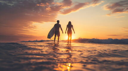 Silhouette of couple walking back to shore after surfing at sunset
